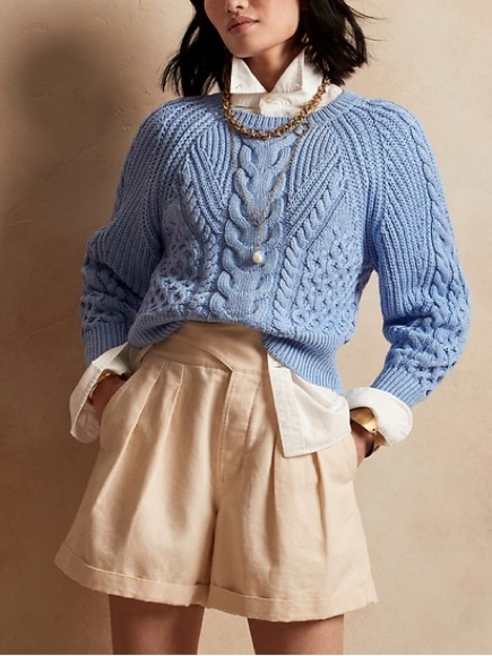 Banana Republic 100% Cotton Light Blue Cable Knit Crewneck Sweater - Size L